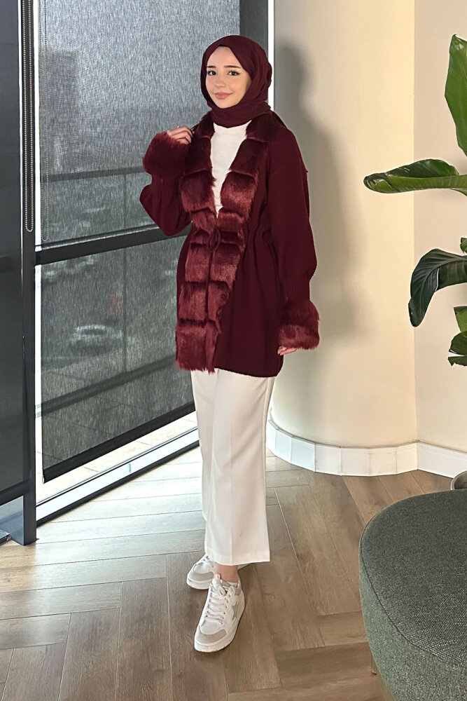 Yakası Kürk Detaylı Hırka - Bordo - ANONİM (3)