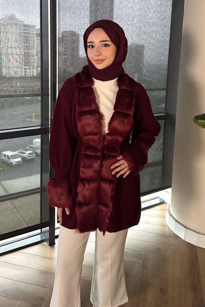 Yakası Kürk Detaylı Hırka - Bordo - 8
