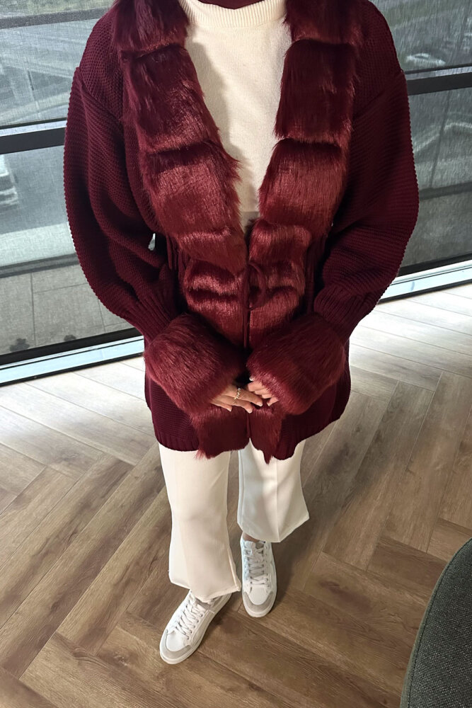 Yakası Kürk Detaylı Hırka - Bordo - 3