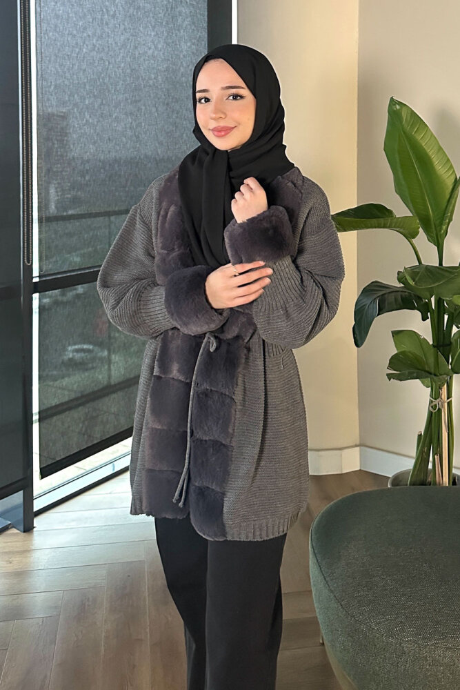 Yakası Kürk Detaylı Hırka - Gri - ANONİM (3)