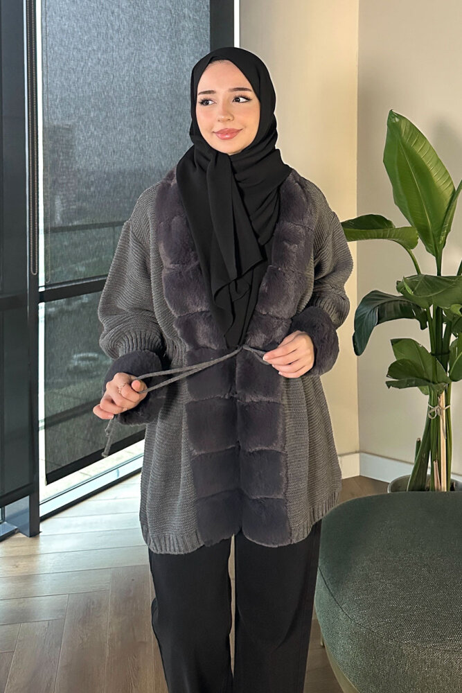 Yakası Kürk Detaylı Hırka - Gri - 7