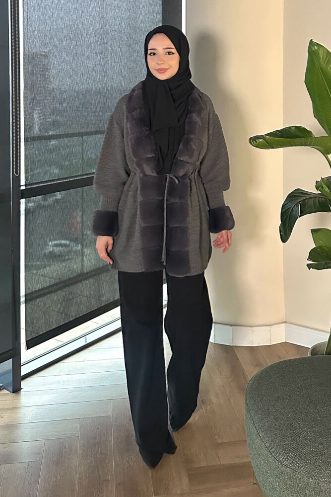 Yakası Kürk Detaylı Hırka - Gri - 3