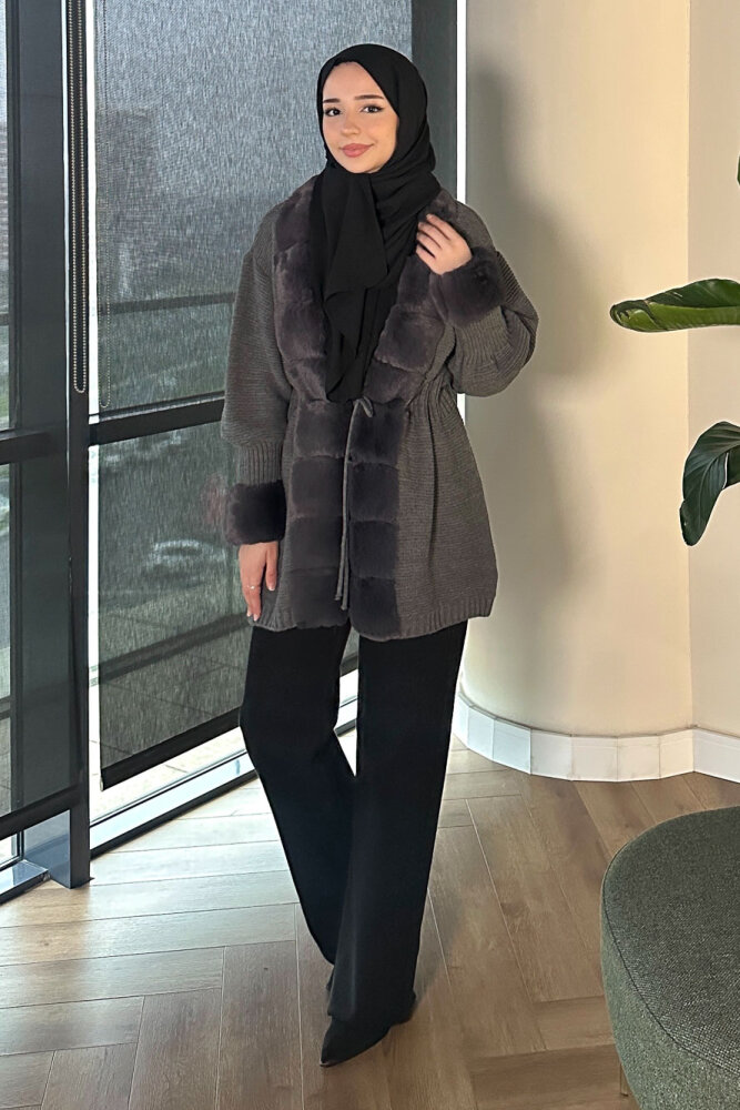 Yakası Kürk Detaylı Hırka - Gri - 6