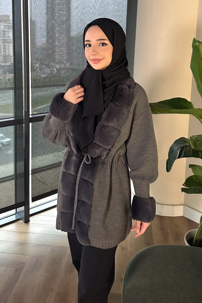 Yakası Kürk Detaylı Hırka - Gri - ANONİM (0)