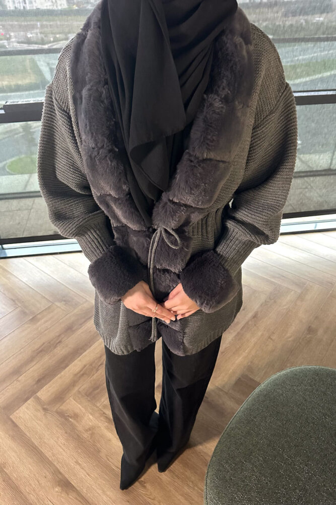 Yakası Kürk Detaylı Hırka - Gri - 2