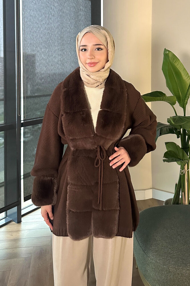 Yakası Kürk Detaylı Hırka - Kahverengi - ANONİM (5)