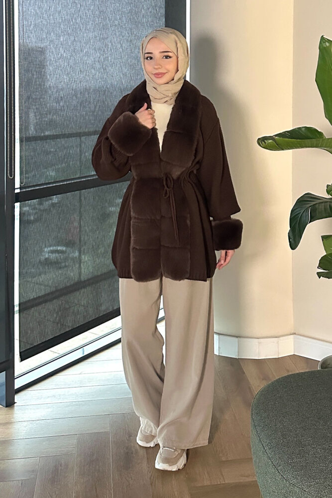 Yakası Kürk Detaylı Hırka - Kahverengi - ANONİM (4)