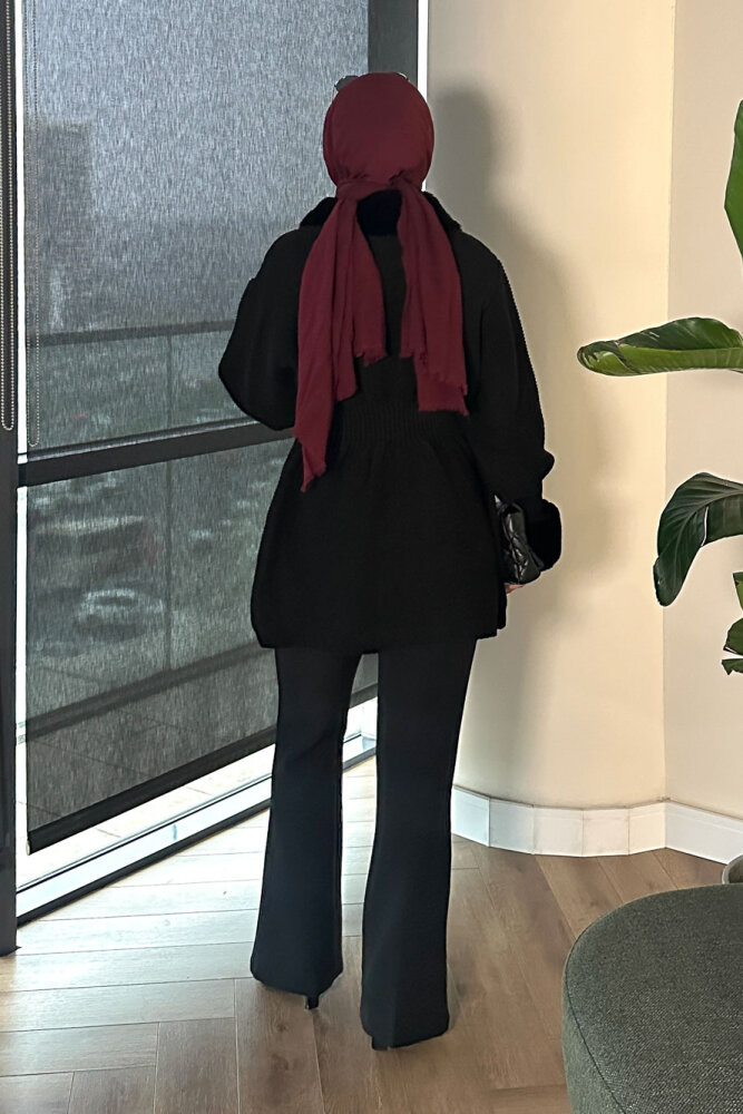 Yakası Kürk Detaylı Hırka - Siyah - 7