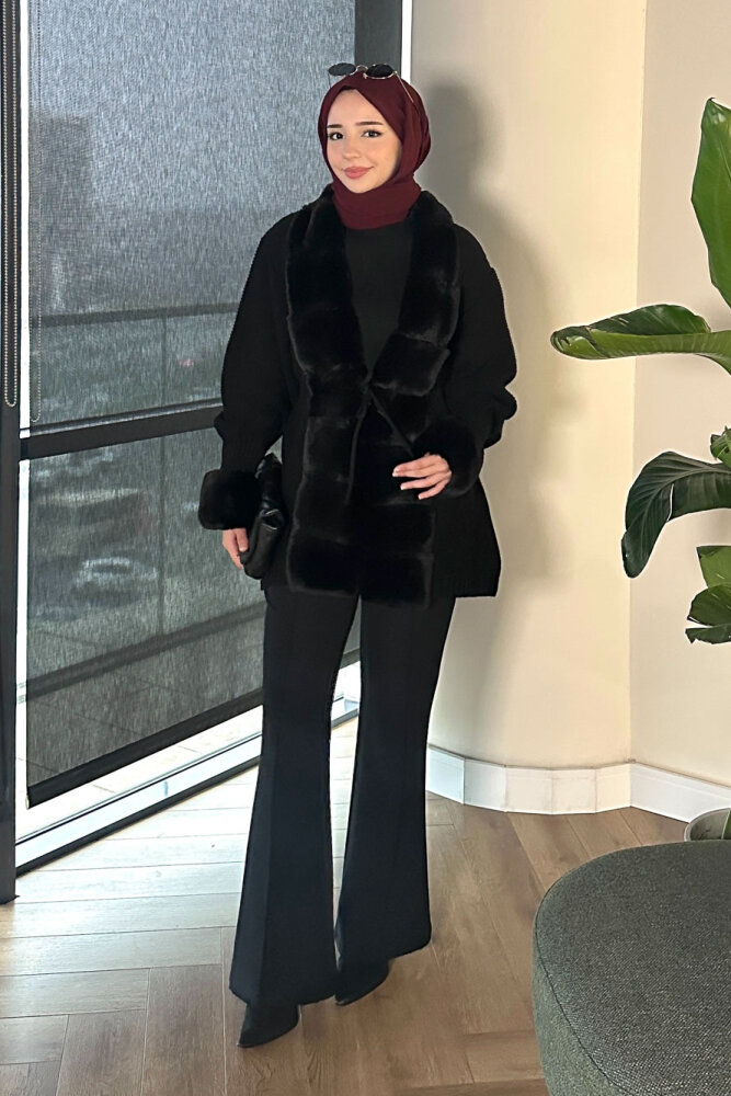 Yakası Kürk Detaylı Hırka - Siyah - 1