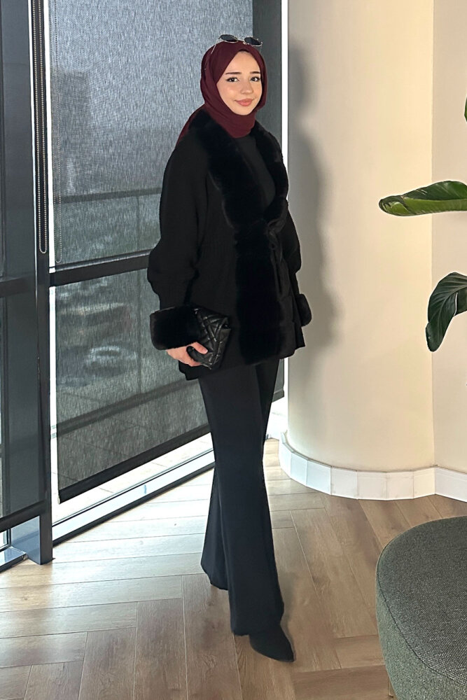 Yakası Kürk Detaylı Hırka - Siyah - ANONİM (2)