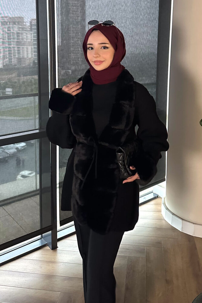 Yakası Kürk Detaylı Hırka - Siyah - 5