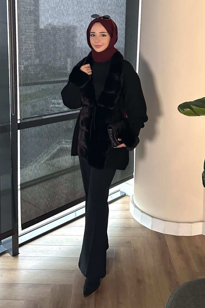 Yakası Kürk Detaylı Hırka - Siyah - 6