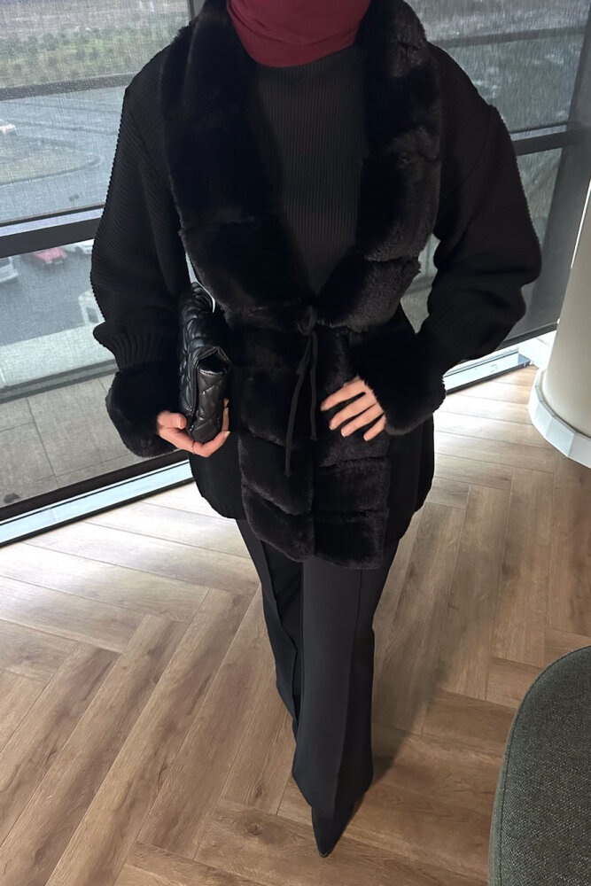 Yakası Kürk Detaylı Hırka - Siyah - ANONİM (1)