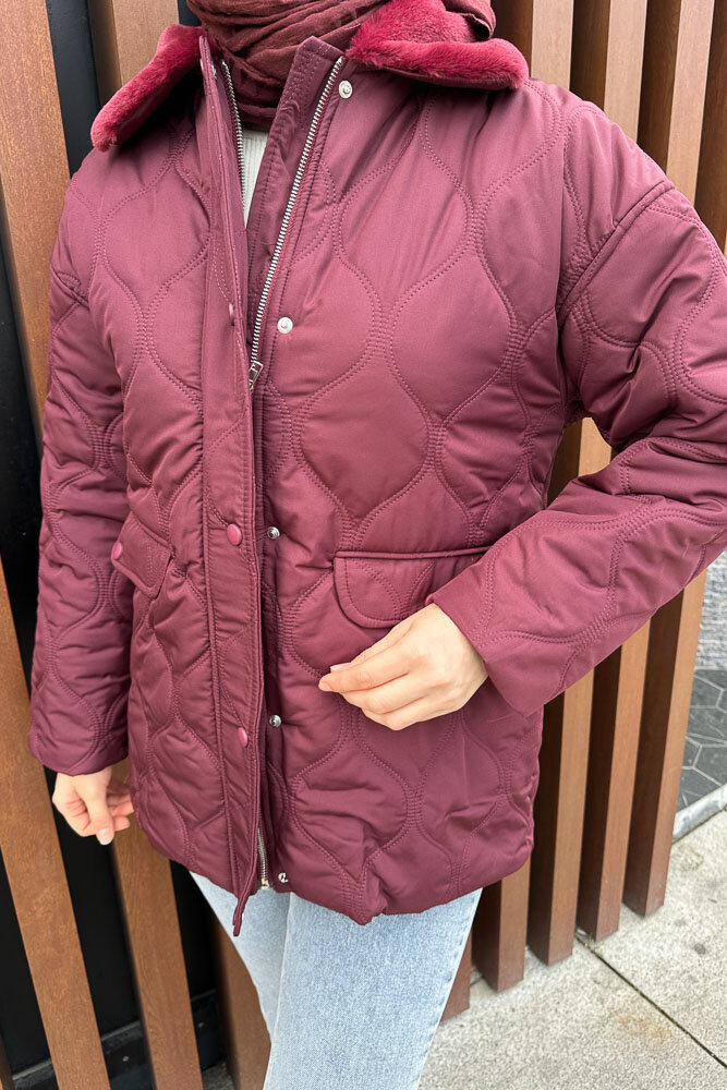 Yakası Kürklü Mont - Bordo - HENZA (4)