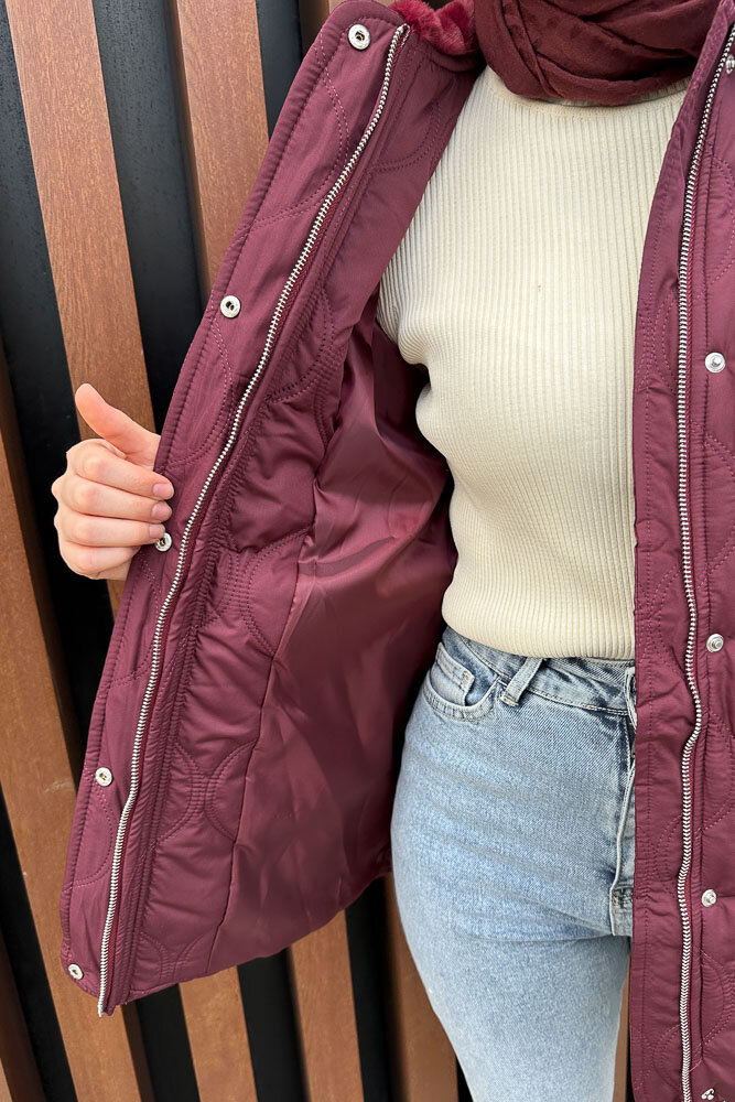 Yakası Kürklü Mont - Bordo - HENZA (1)