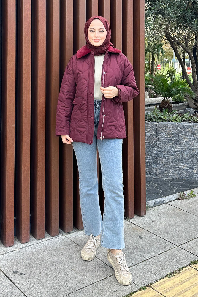 Yakası Kürklü Mont - Bordo - HENZA (5)