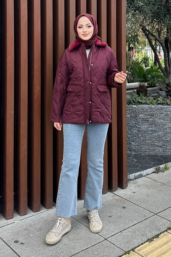 Yakası Kürklü Mont - Bordo - HENZA (3)