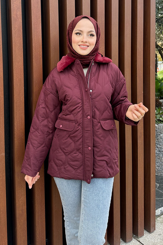 Yakası Kürklü Mont - Bordo - HENZA (2)