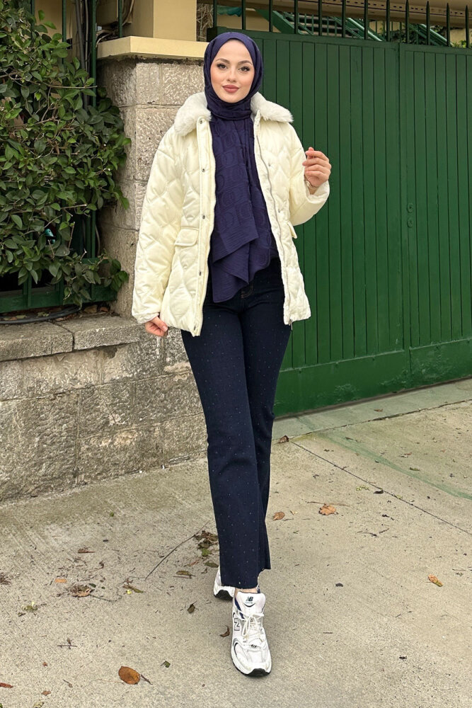 Yakası Kürklü Mont - Ekru - HENZA (0)