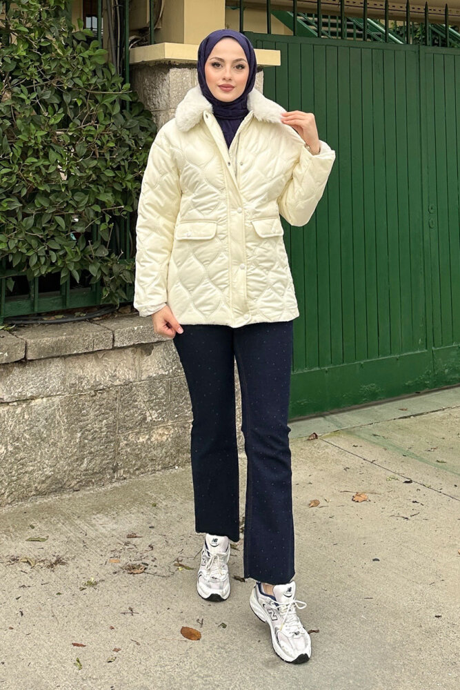 Yakası Kürklü Mont - Ekru - HENZA (5)