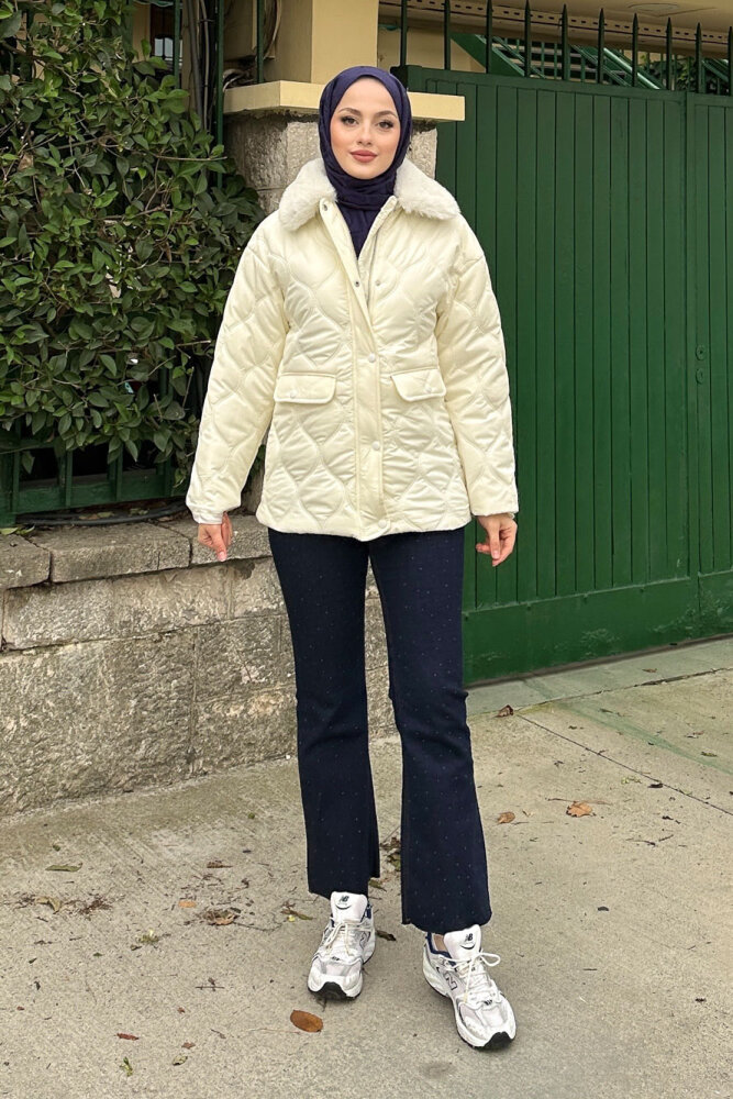 Yakası Kürklü Mont - Ekru - HENZA (3)