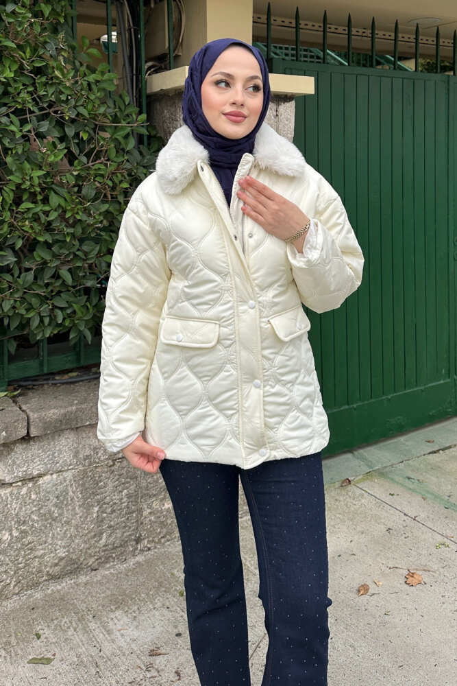 Yakası Kürklü Mont - Ekru - HENZA (4)