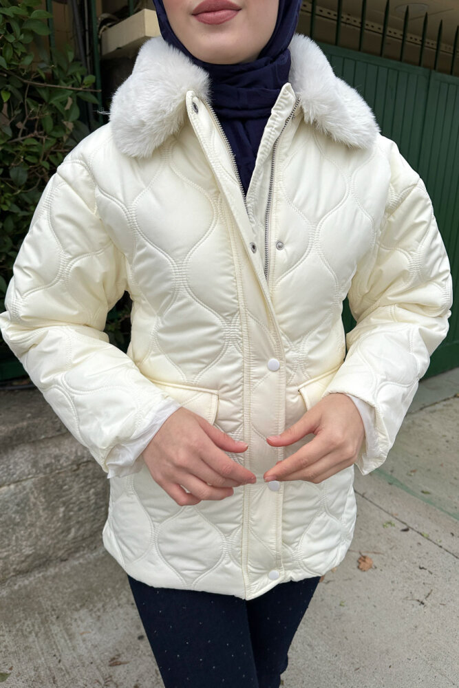 Yakası Kürklü Mont - Ekru - 3