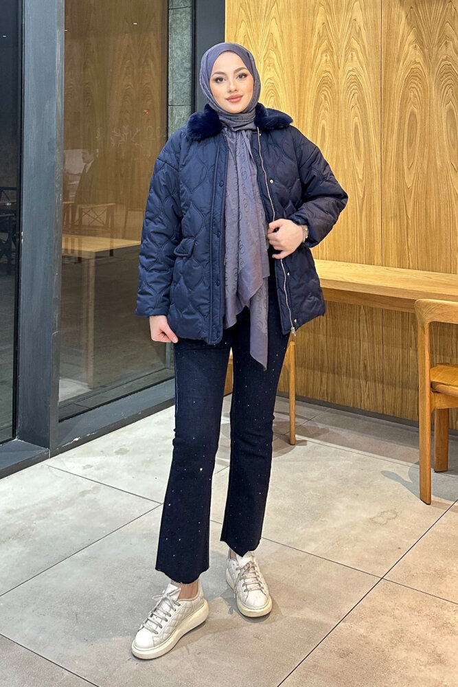 Yakası Kürklü Mont - Lacivert - 1