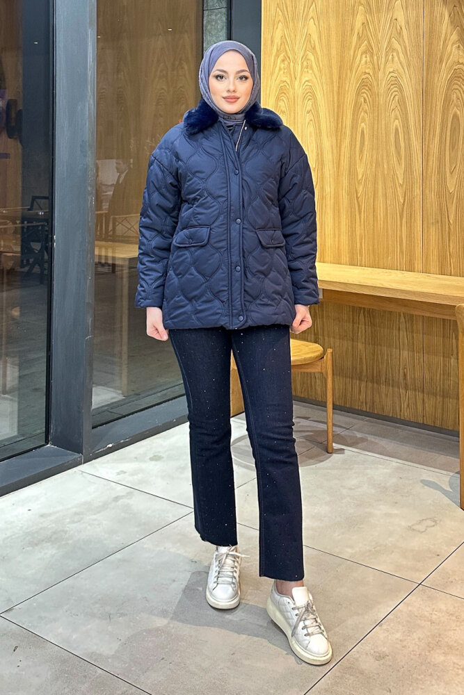 Yakası Kürklü Mont - Lacivert - HENZA (1)