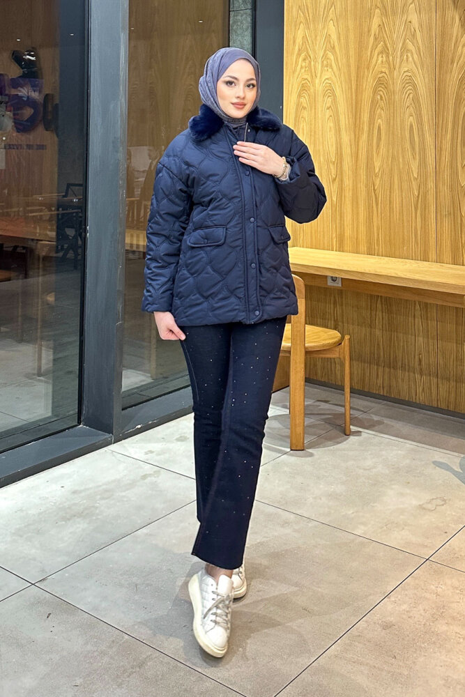 Yakası Kürklü Mont - Lacivert - HENZA (4)