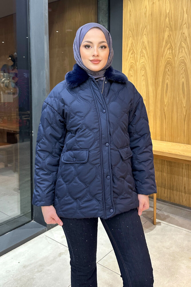 Yakası Kürklü Mont - Lacivert - 7