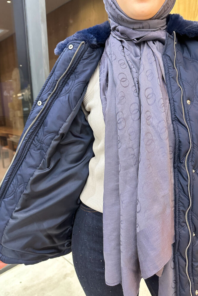 Yakası Kürklü Mont - Lacivert - 6