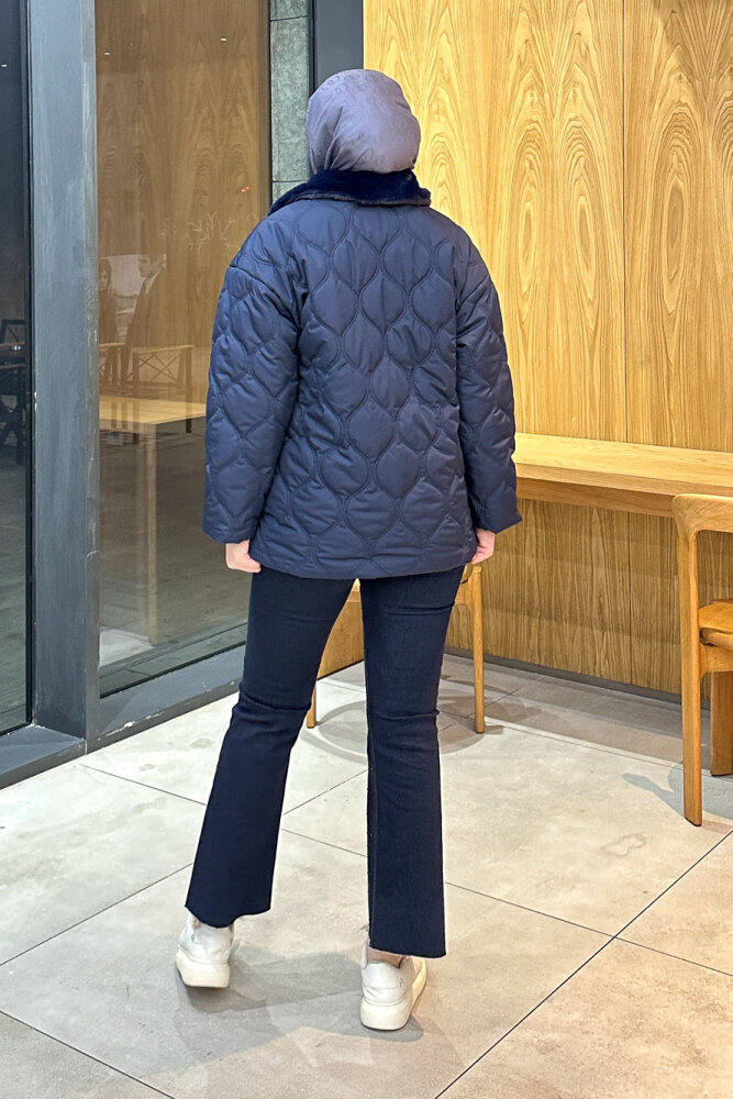 Yakası Kürklü Mont - Lacivert - 8