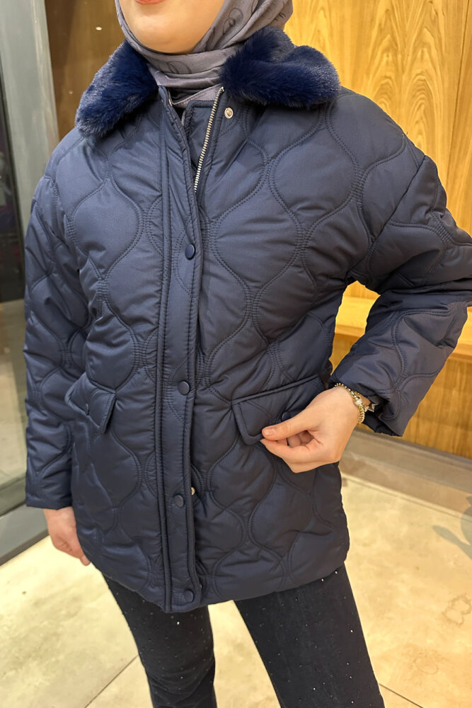 Yakası Kürklü Mont - Lacivert - 3