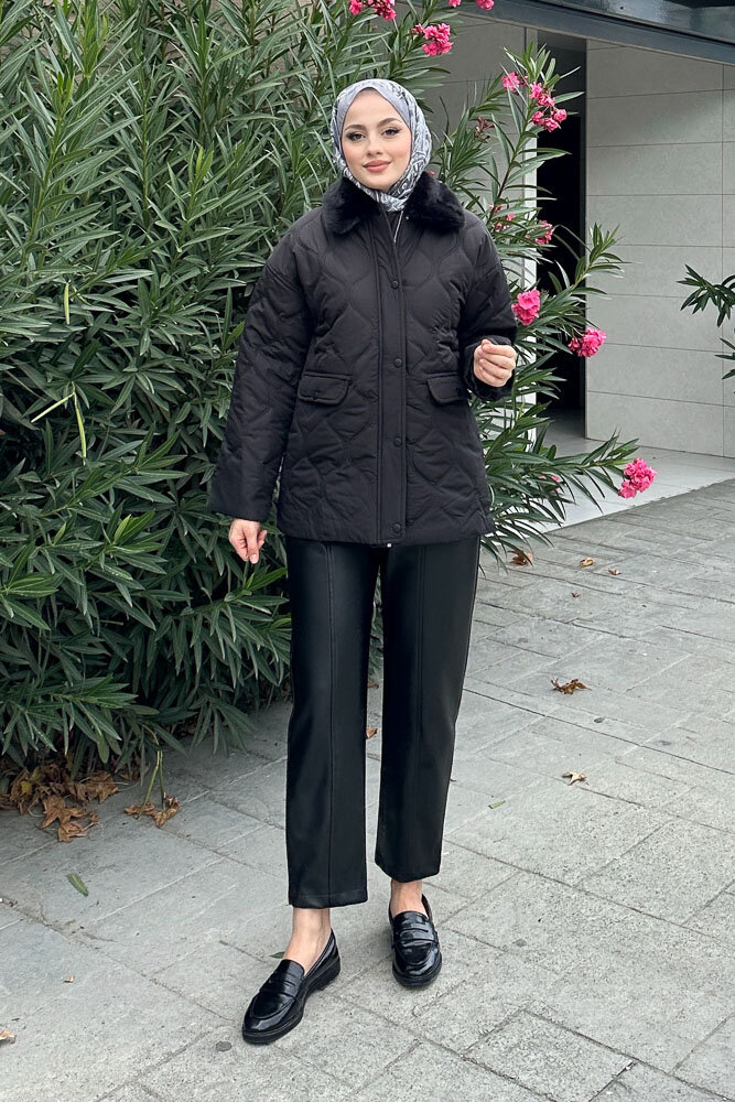 Yakası Kürklü Mont - Siyah - HENZA (3)