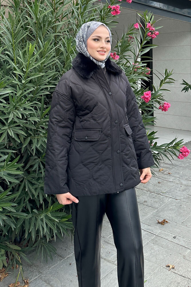 Yakası Kürklü Mont - Siyah - HENZA (4)