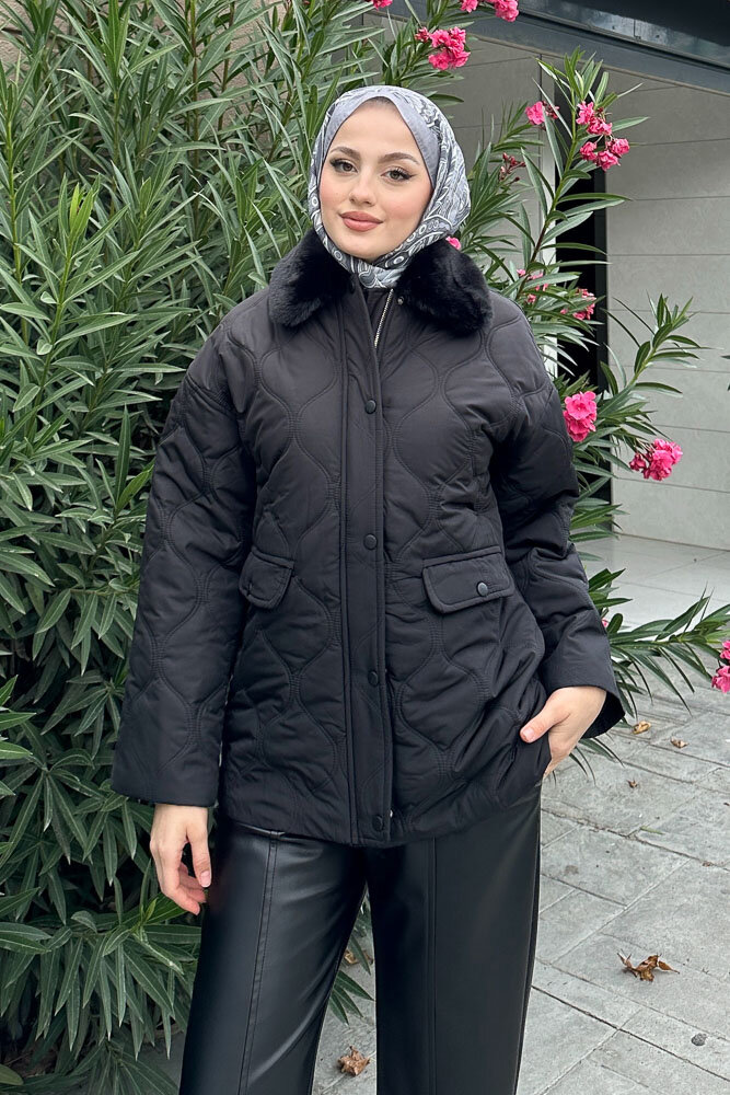 Yakası Kürklü Mont - Siyah - HENZA (1)