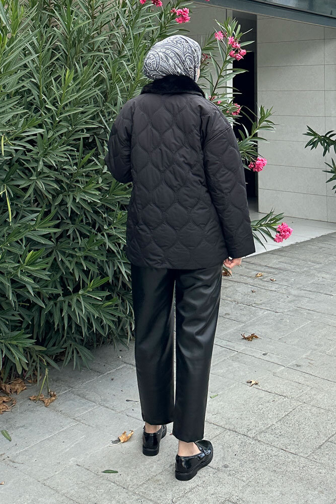 Yakası Kürklü Mont - Siyah - HENZA (5)