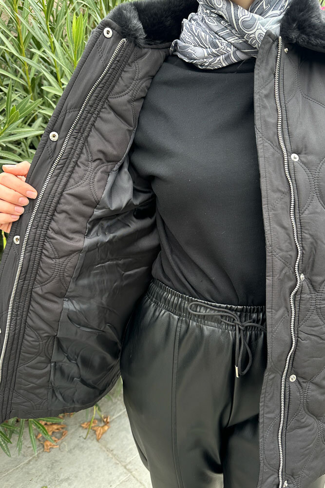 Yakası Kürklü Mont - Siyah - HENZA (2)