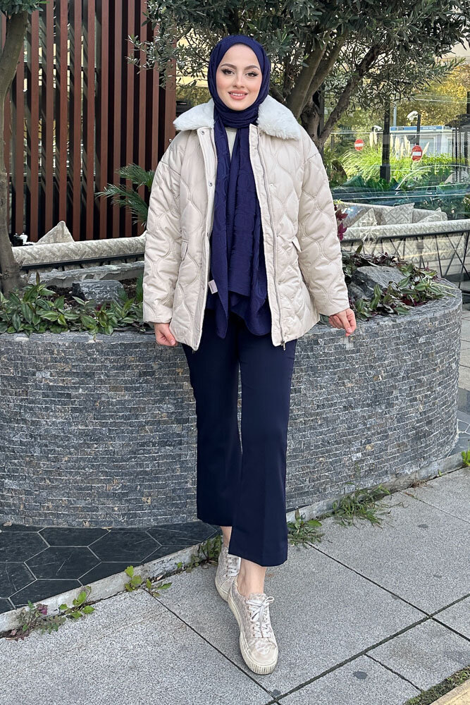 Yakası Kürklü Mont - Taş Rengi - HENZA (4)