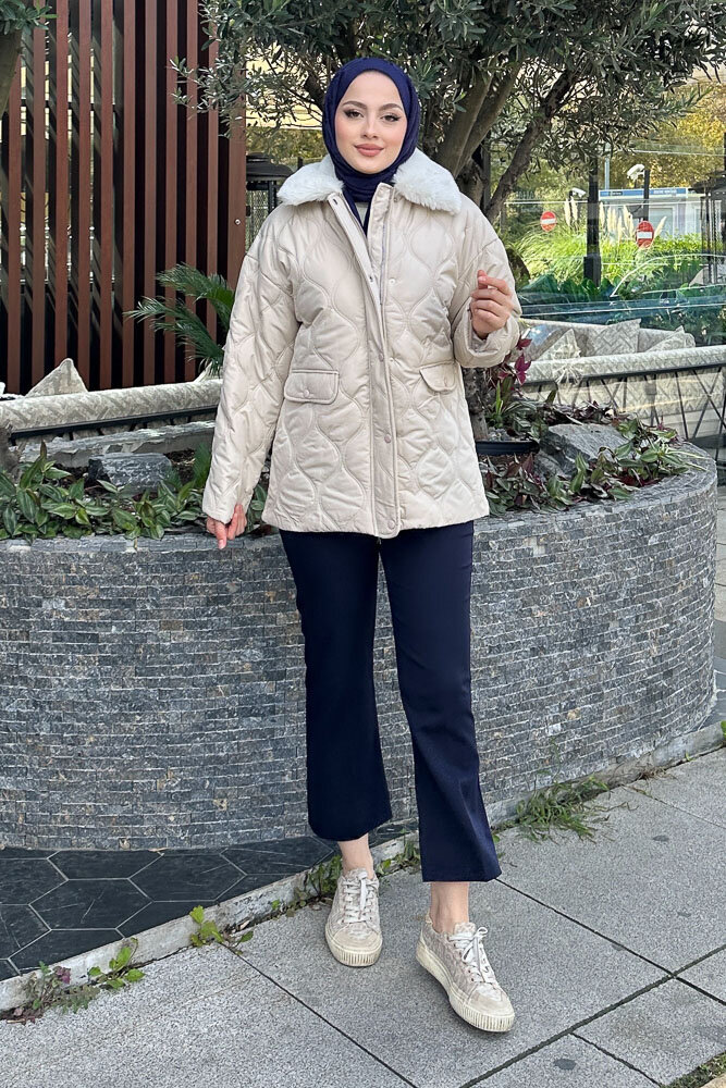 Yakası Kürklü Mont - Taş Rengi - HENZA (2)