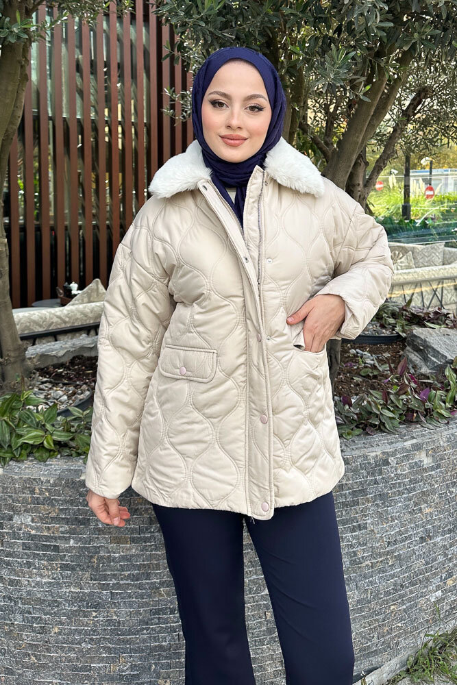 Yakası Kürklü Mont - Taş Rengi - 6