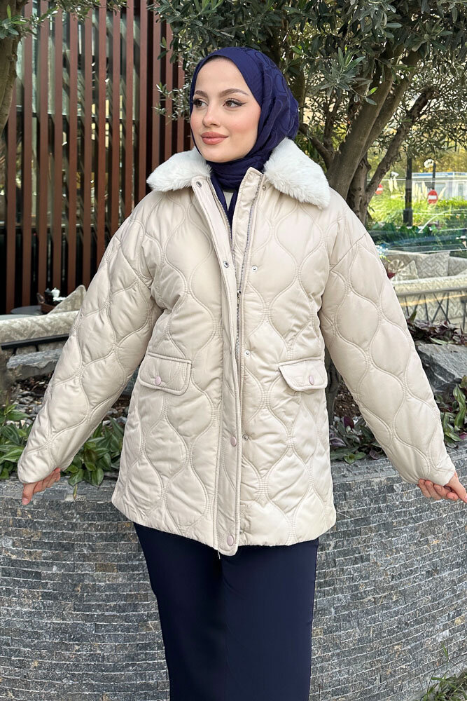 Yakası Kürklü Mont - Taş Rengi - HENZA (3)