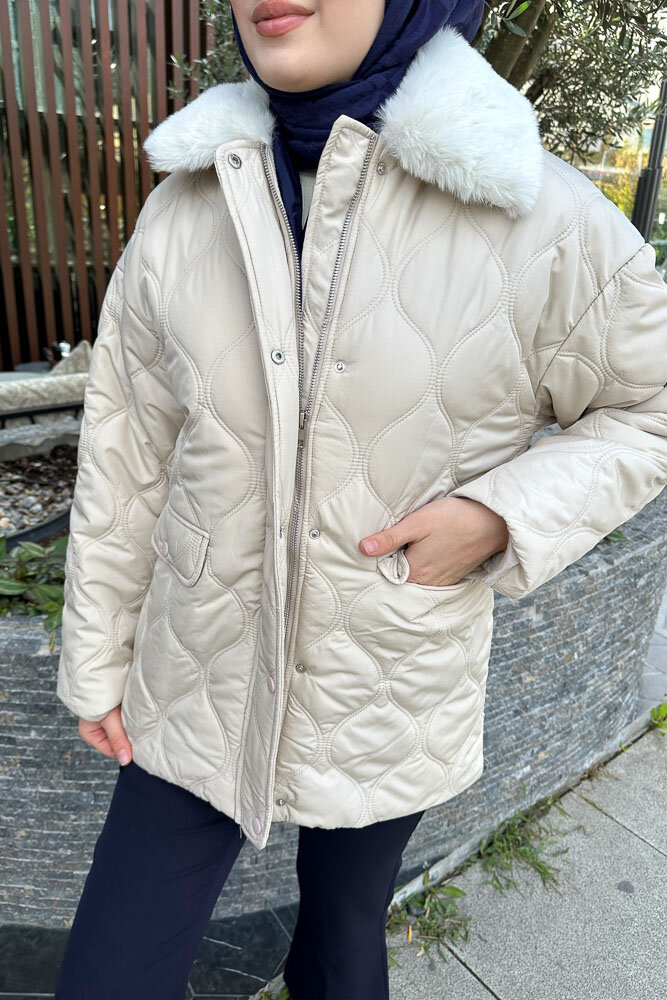 Yakası Kürklü Mont - Taş Rengi - HENZA (1)