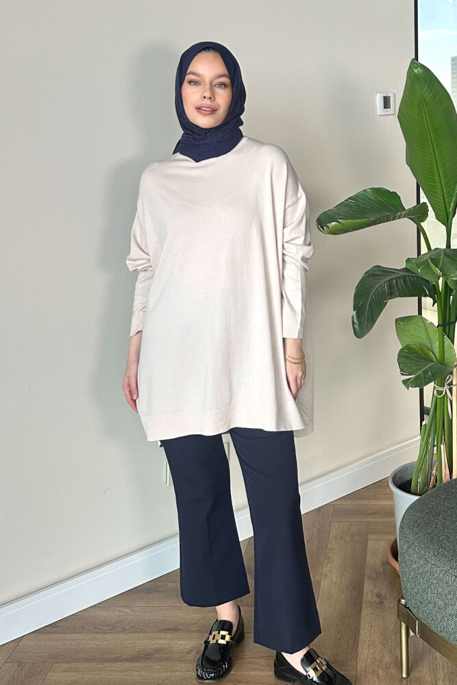 Yan Yırtmaç Detaylı Triko - Bej - İKOL (4)