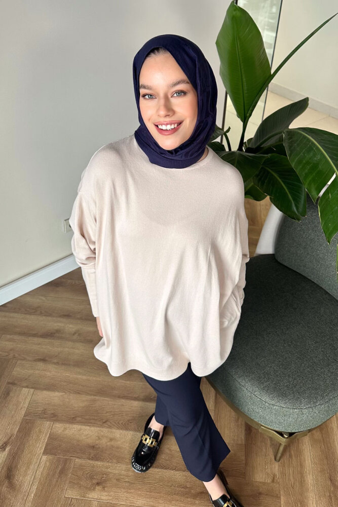 Yan Yırtmaç Detaylı Triko - Bej - 1