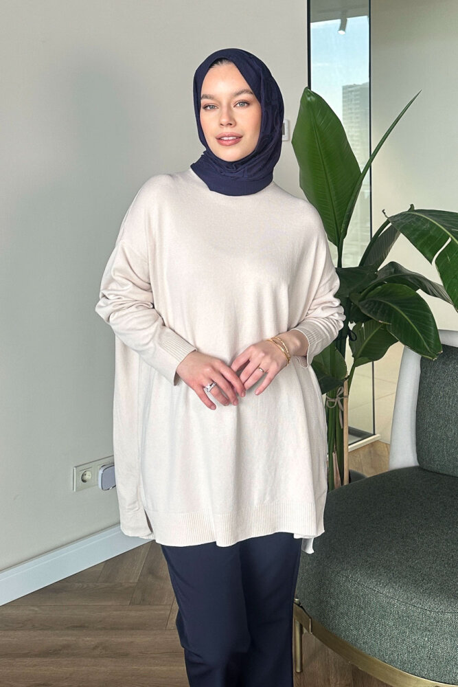 Yan Yırtmaç Detaylı Triko - Bej - İKOL (5)