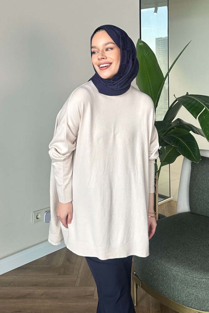 Yan Yırtmaç Detaylı Triko - Bej - 2