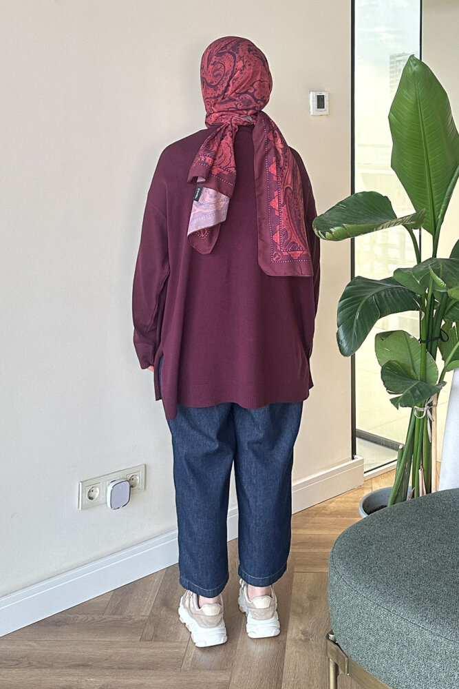 Yan Yırtmaç Detaylı Triko - Bordo - 6