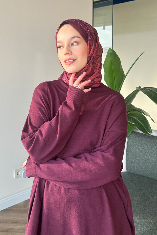 Yan Yırtmaç Detaylı Triko - Bordo - 4